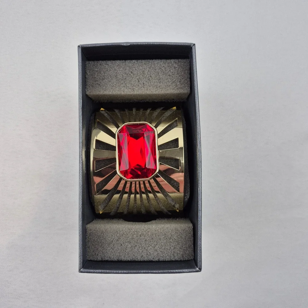 Heidi Daus Sunray Goldtone Octagonal Stone Cuff Bracelet Red Art Deco Style NWOT